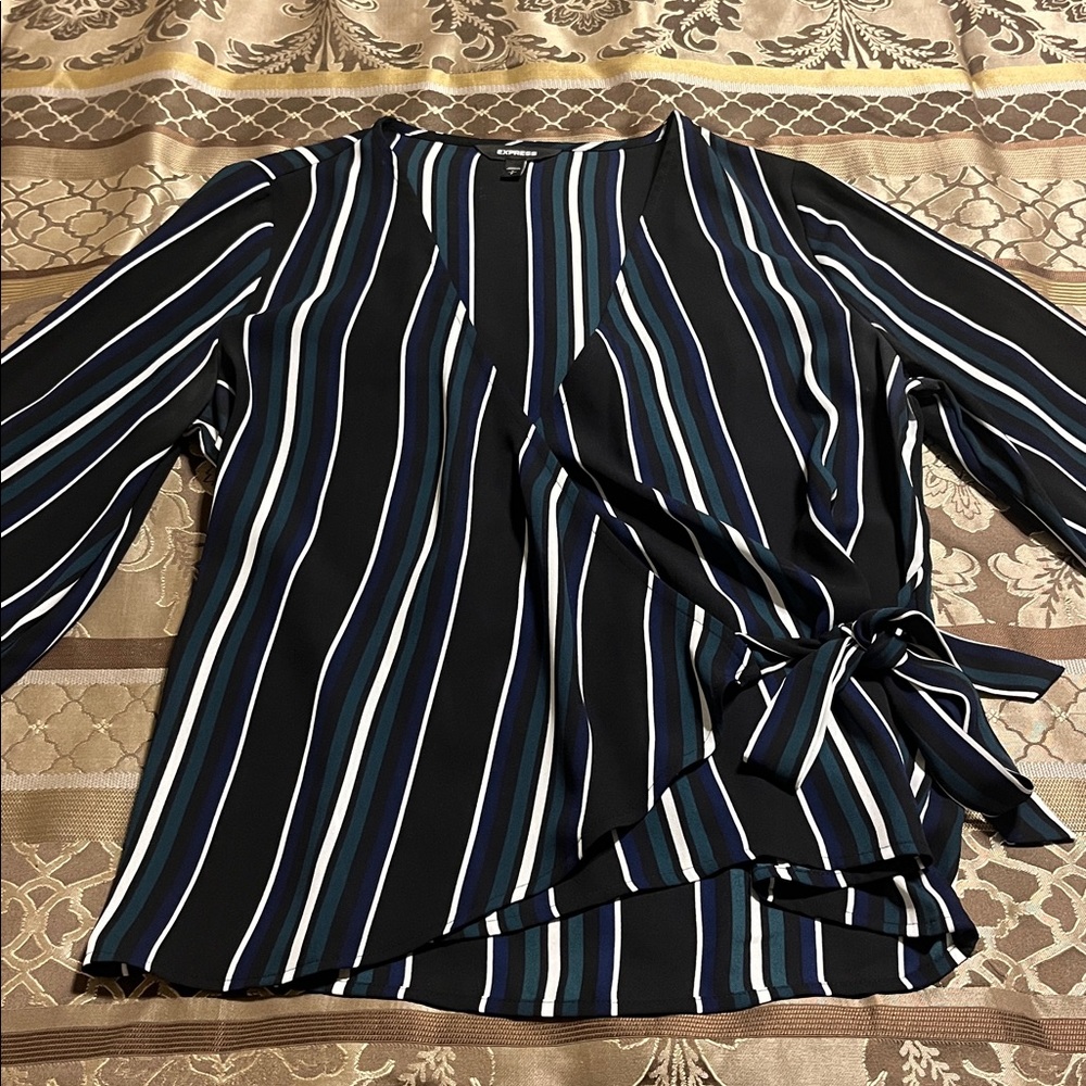 Express Striped Wrap Blouse - Black, Blue, Green, & White
